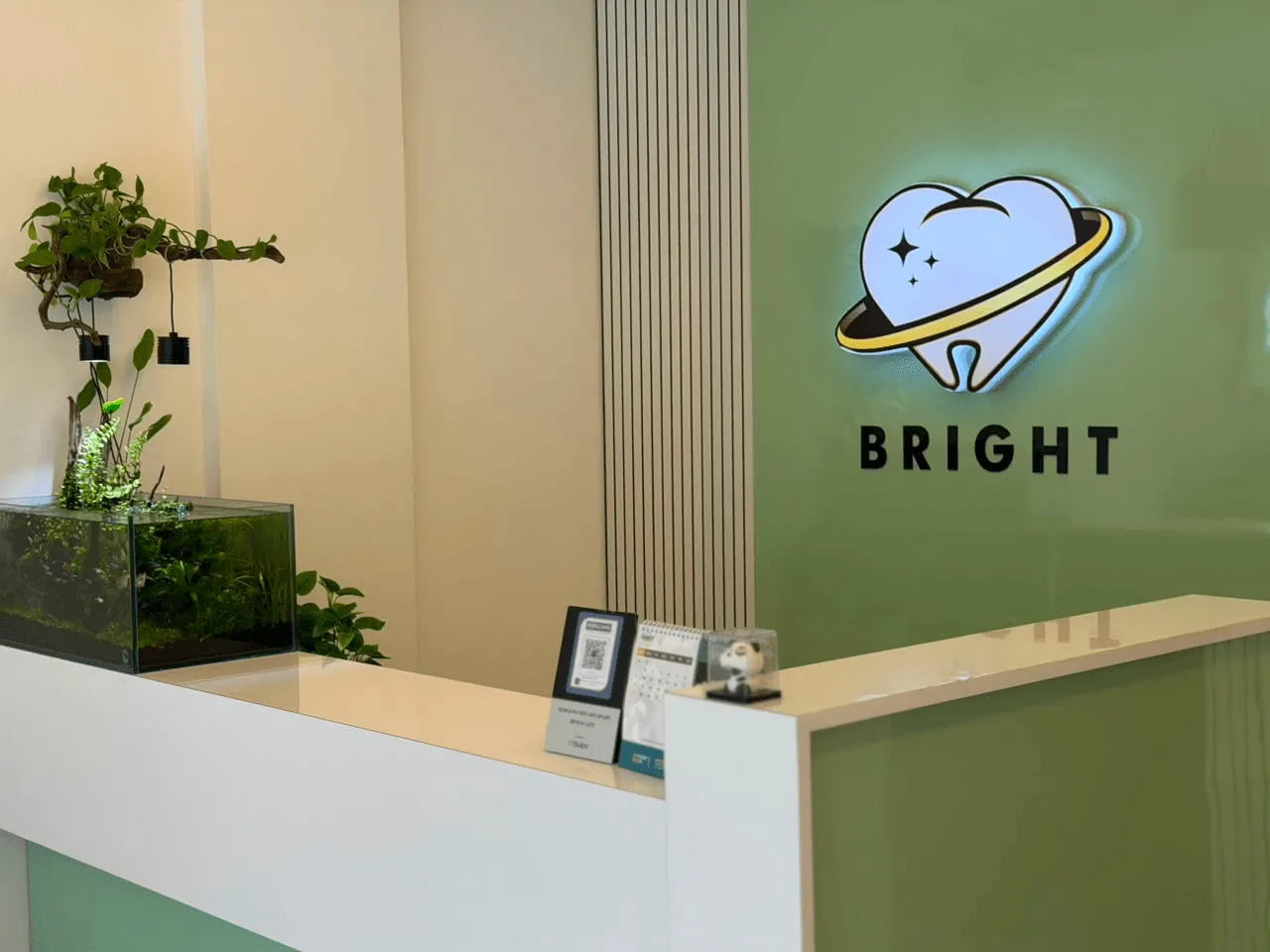 The reception desk at Bright Dental Solutions, with the backlit Bright tooth logo on a green wall