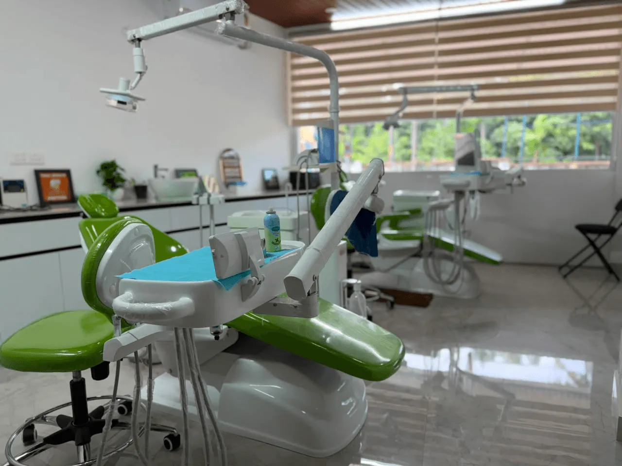 The treatment room at Bright Dental Solutions, with green dental chairs in a row and windows onto the trees outside