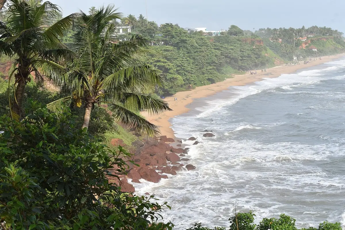 The red laterite cliff at Varkala, palms leaning over the beach below